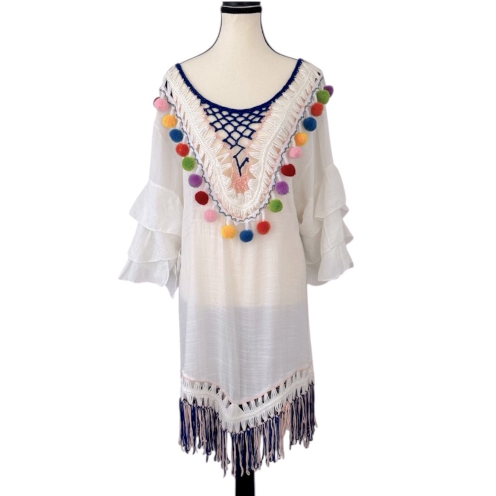 Boho Crochet Lace Pom Pom Fringe Tunic Dress Top Coverup White